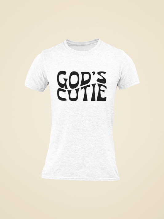 Black Swirl God's Cutie White T-Shirt